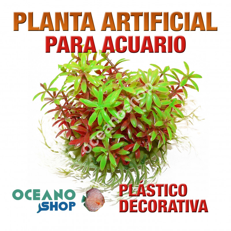 Planta artificial decoración acuario plástico verde y roja 14cm diametro  peces refugio